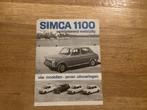 Simca 1100 Brochure - Zeldzaam!, Ophalen of Verzenden, Gelezen, Overige merken