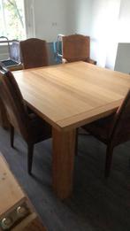 Vierkante eettafel met 4 leren stoelen, Huis en Inrichting, Tafels | Eettafels, Ophalen, Gebruikt, Vijf personen of meer, Vierkant