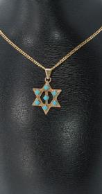 Davidster 14k gouden turkoois parels ketting hanger vintage, Ophalen of Verzenden, Goud, Hanger, Met edelsteen
