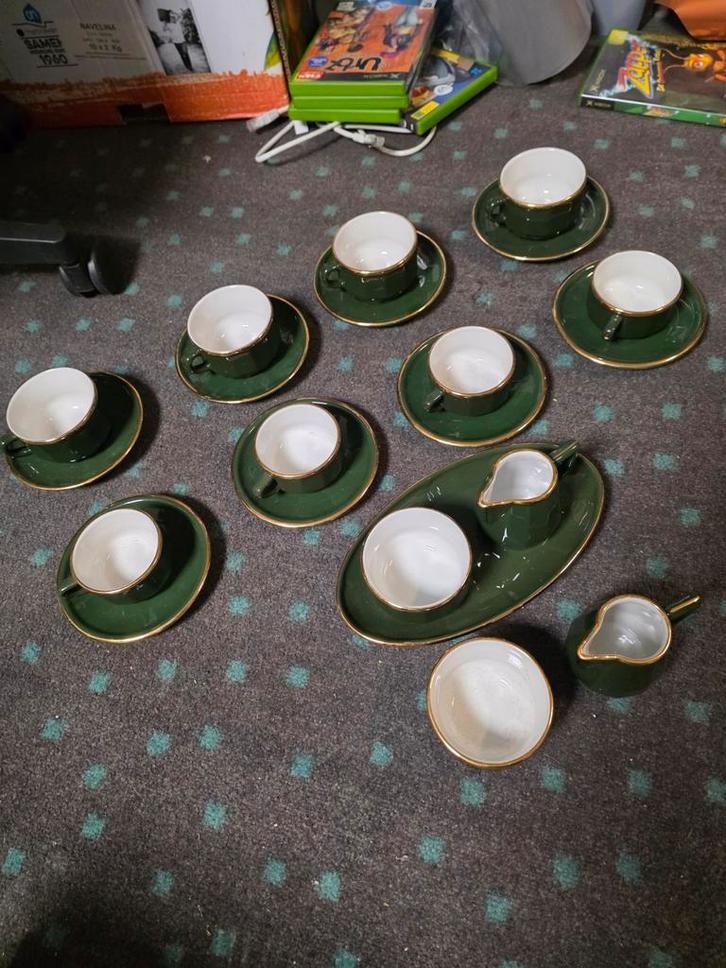 Apilco Porselein Koffie/Theeservies - Groen/Goud, Huis en Inrichting, Keuken | Servies, Zo goed als nieuw, Kop(pen) en/of Schotel(s)