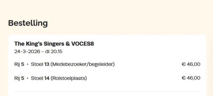 Concert Voces8 en King's Singers Tivoli Utrecht rolstoel, Tickets en Kaartjes, Concerten | Klassiek, Twee personen, Maart, Vocaal