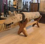 Tribal Kentongan drum KT2 trommel beeld hout hond wolf kunst, Antiek en Kunst, Ophalen of Verzenden