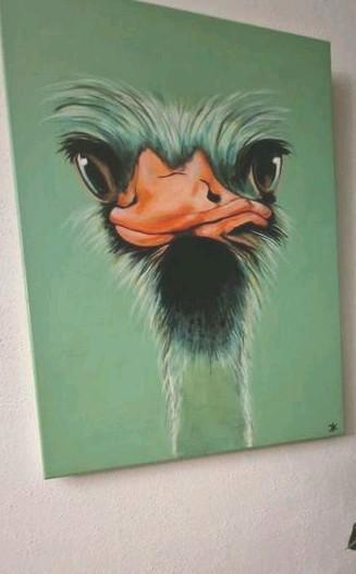 Leuk lichtgroen schilderij. Struisvogel. Echt geschilderd. beschikbaar voor biedingen