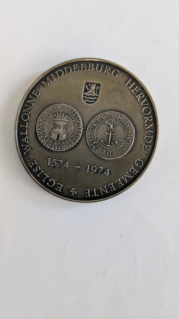400 jaar Hervormde en Waalse gemeente Middelburg, Postzegels en Munten, Penningen en Medailles, Brons, Nederland, Ophalen of Verzenden