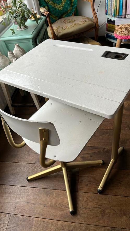 Vintage school set tafel bureau stoel wit met goud, Huis en Inrichting, Tafels | Bijzettafels, Gebruikt, Rechthoekig, 60 cm of meer