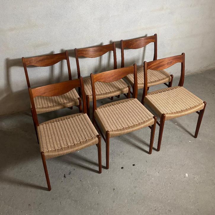 6x GS60 teak stoelen door Arne Wahl Iversen papercord, Huis en Inrichting, Stoelen, Zo goed als nieuw, Vijf, Zes of meer stoelen
