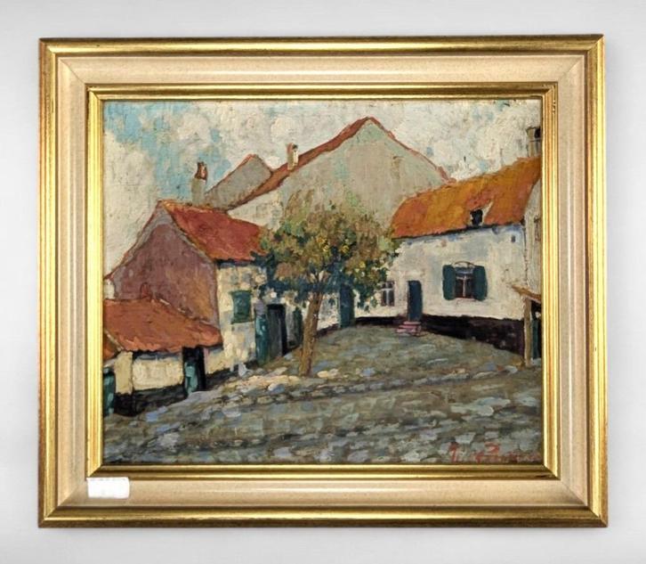 Charmant Dorpszicht - Olieverf op paneel, gesigneerd, Antiek en Kunst, Kunst | Schilderijen | Klassiek, Ophalen