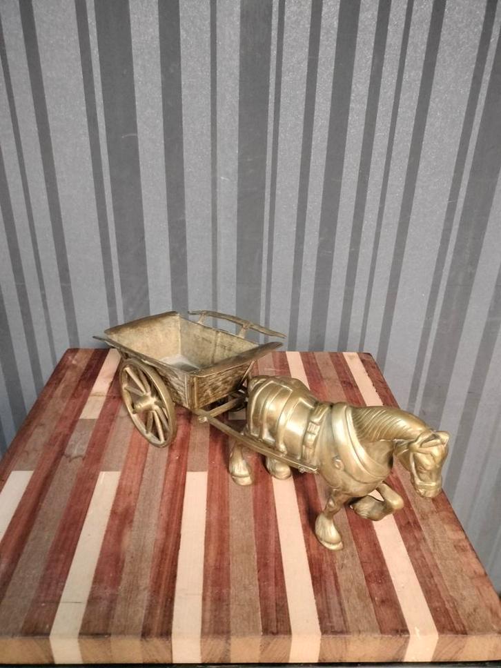 Koperen Paard en Wagen Beeld - Decoratief, Tuin en Terras, Tuinbeelden, Gebruikt, Dierenbeeld, Metaal, Ophalen of Verzenden