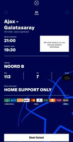 Ajax - Galatasaray Champions League, Tickets en Kaartjes, Overige typen, Eén persoon, November, Europa of Champions League