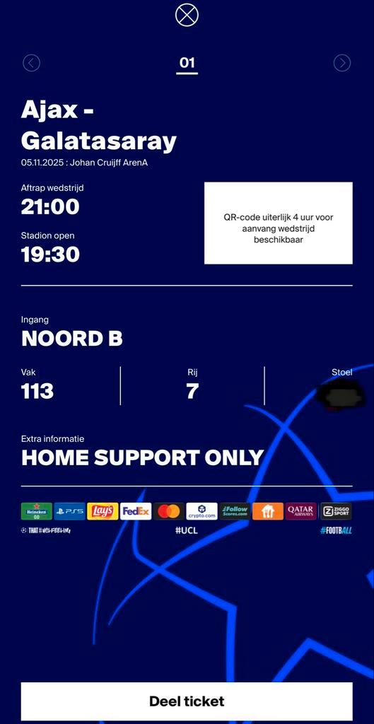 Ajax - Galatasaray Champions League, Tickets en Kaartjes, Sport | Voetbal, Eén persoon, November, Overige typen, Europa of Champions League