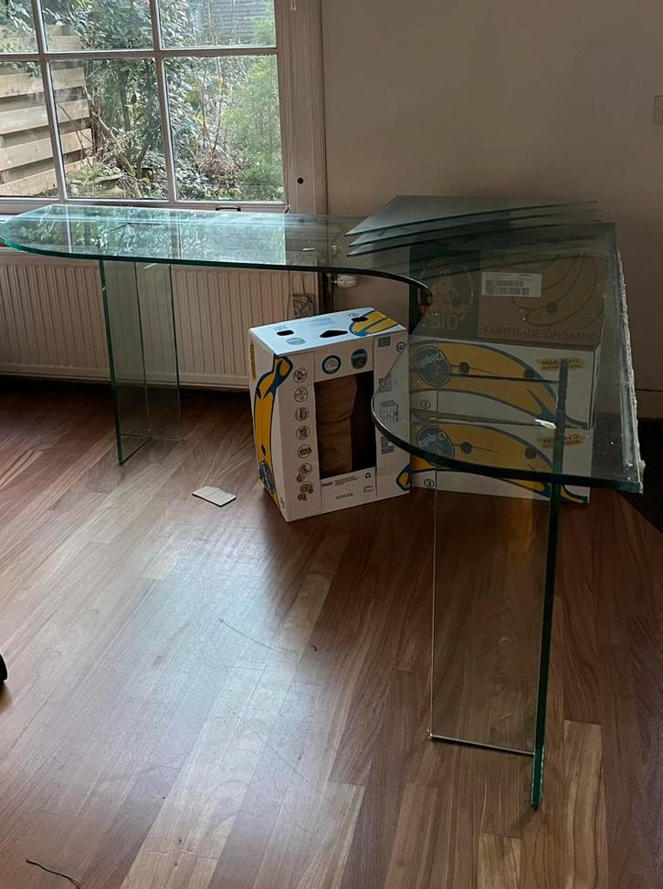 Vintage design glazenbureautafel, Huis en Inrichting, Bureaus, Gebruikt, Bureau, Ophalen