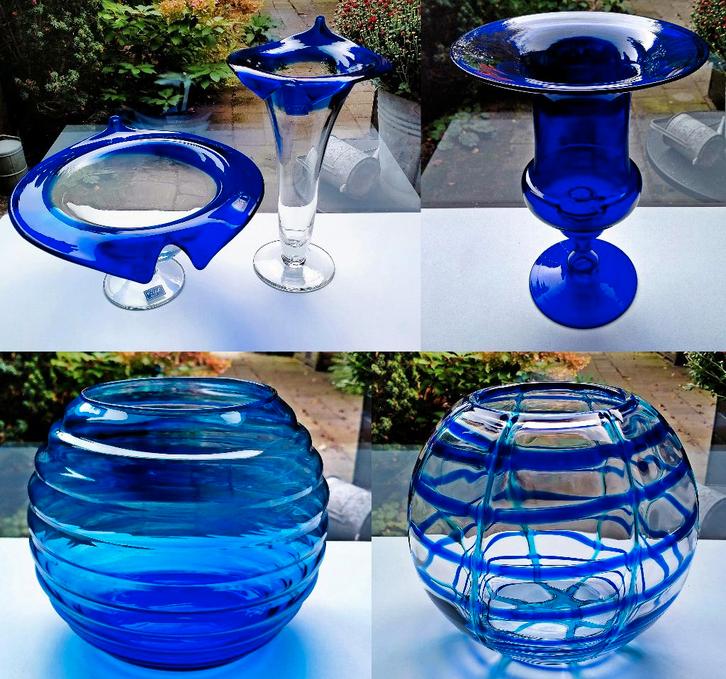 4x Blauw Glaskunst Glazen Vaas / Vazen - Zie Omschrijving, Antiek en Kunst, Antiek | Glas en Kristal, Ophalen of Verzenden