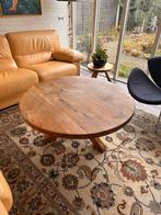 Eikenhouten geloogde salontafel met kloosterpoot, Ophalen, 100 tot 150 cm, Rond, 50 tot 100 cm