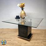 Grote vintage vierkante glazen tafel met zwart marmeren voet, ., Vierkant, Ophalen of Verzenden, Vijf personen of meer