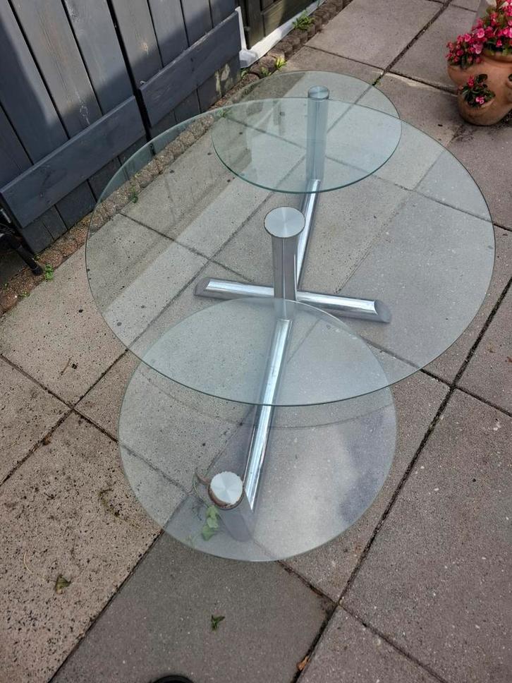Glazen salontafel, Huis en Inrichting, Tafels | Salontafels, Gebruikt, Rond, Glas, Metaal, Ophalen