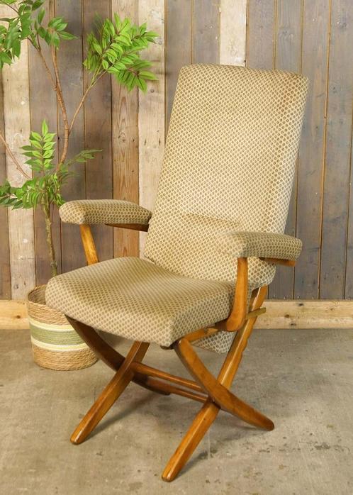 Sierlijke verstelbare vintage fauteuil goudkleurige accenten, Huis en Inrichting, Fauteuils, Gebruikt, Hout, Stof, 50 tot 75 cm