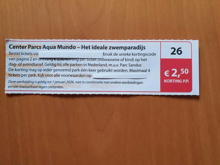 Center Parcs Aqua Mundo €2,50 korting p.p., Tickets en Kaartjes, Kortingen en Cadeaubonnen, Drie personen of meer, Bungalowpark