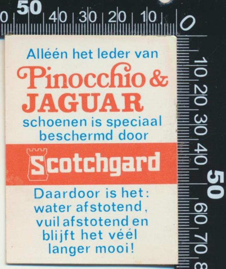 Sticker: Pinocchio en Jaguar Schoenen - Scotchgard, Verzamelen, Stickers, Zo goed als nieuw, Bedrijf of Vereniging, Ophalen of Verzenden