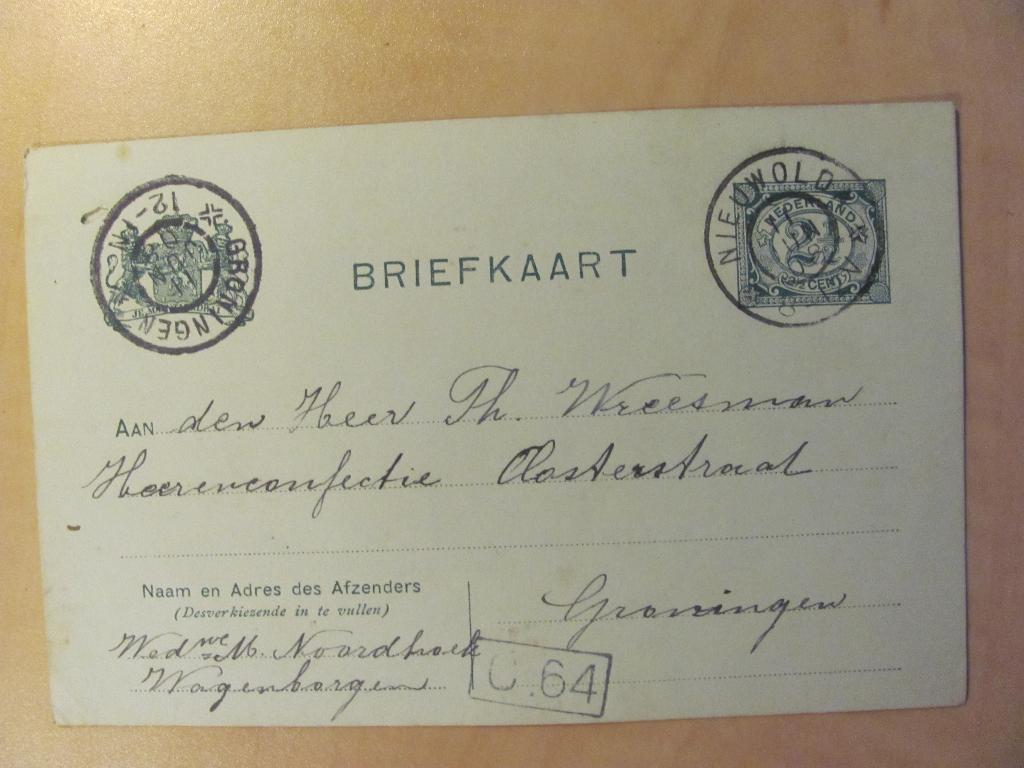 Wagenborgen 1908 weduwe M. Noordhoek, poststempel Nieuwolda, Ophalen of Verzenden, Briefkaart