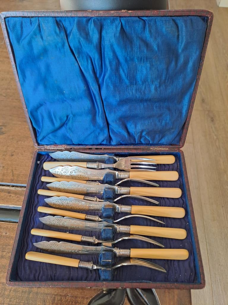 Antiek verzilverd visbestek, Ophalen of Verzenden