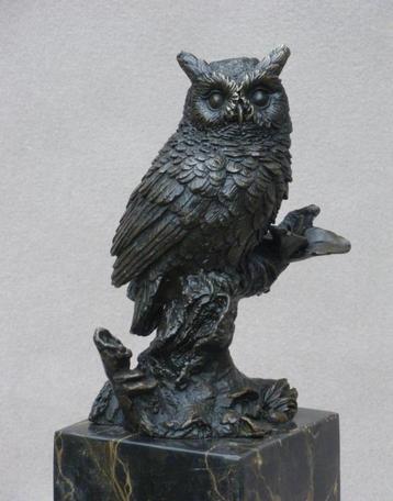 Bronzen beeld Uil op Tak Natuur Vogel Kunst Cadeau Marmer beschikbaar voor biedingen