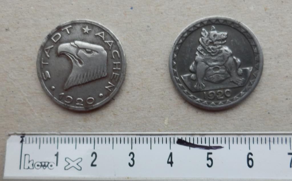 Noodgeld 25 en 50 Pfennig Duitsland Aachen Aken 1920, Postzegels en Munten, Munten | Europa | Niet-Euromunten, Losse munt, Duitsland