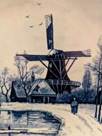 Hollandse winterse windmolen scène, Delfts blauw., Ophalen of Verzenden