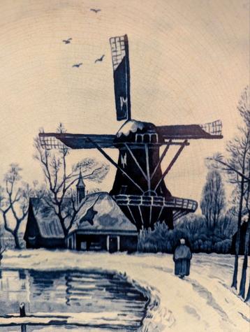 Hollandse winterse windmolen scène, Delfts blauw. beschikbaar voor biedingen