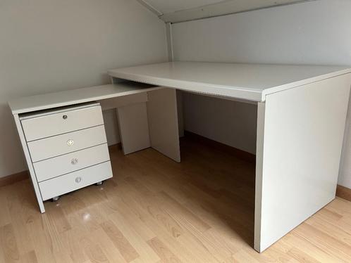 Bureau (wit) met sidetable en ladenblok, Huis en Inrichting, Bureaus, Zo goed als nieuw, Bureau, Ophalen