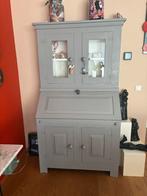 Grijze wandkast met vitrine en secretaire, Ophalen, Gebruikt, Eikenhout, 50 tot 100 cm