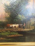 Oer 11641 antiek 19e eeuws schilderij "Vrouw met koeien", Antiek en Kunst, Ophalen