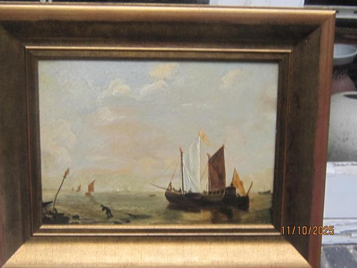 Mooi Kust/Zeegezicht Schepen, met Man met Sleepnet, Antiek en Kunst, Kunst | Schilderijen | Klassiek, Ophalen of Verzenden