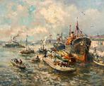 Evert Moll (1878-1955)  Bedrijvigheid in haven van Rotterdam, Antiek en Kunst, Ophalen of Verzenden