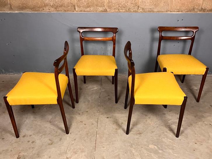 Palissander stoelen nieuw gestoffeerd MId Century Vintage, Huis en Inrichting, Stoelen, Gebruikt, Vier, Stof, Bruin, Ophalen