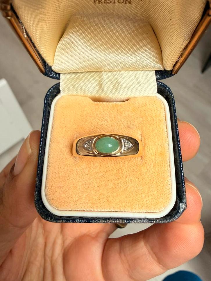 Vintage 14 karaat met smaragd en diamant, Sieraden, Tassen en Uiterlijk, Ringen, Zo goed als nieuw, Dame, 18 tot 19, Goud, Goud