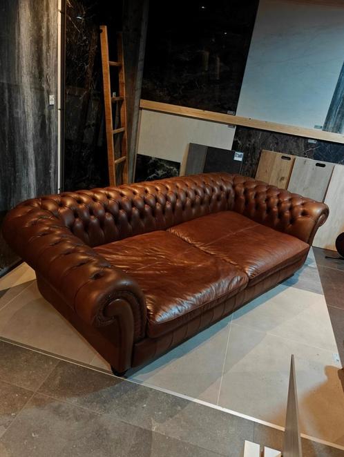 XXL Buffelleren Originele Chesterfield Bank Cognac, Huis en Inrichting, Banken | Bankstellen, 250 tot 300 cm, Leer, Ophalen of Verzenden