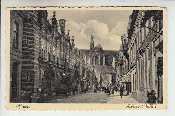 Alkmaar, Langestraat - Stadhuis [3], Verzamelen, Ansichtkaarten | Nederland, Ongelopen, Noord-Holland, 1920 tot 1940, Ophalen of Verzenden