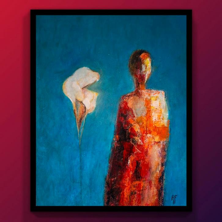 Abstract Schilderij met Bloem en Figuur, Antiek en Kunst, Kunst | Schilderijen | Klassiek, Ophalen of Verzenden