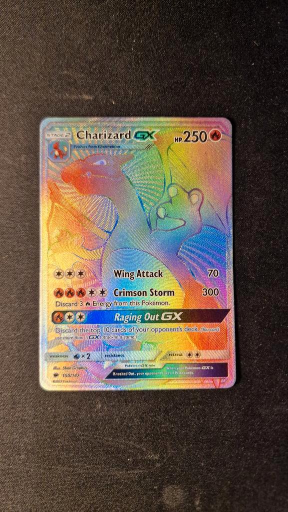 Rainbow Charizard GX 150/147 Burning Shadows NM, Hobby en Vrije tijd, Verzamelkaartspellen | Pokémon, Zo goed als nieuw, Losse kaart