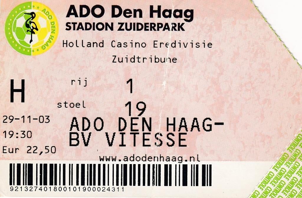 Ticket:ADO Den Haag v Vitesse 29-11-2003, Verzenden, Gebruikt, Overige binnenlandse clubs, Overige typen