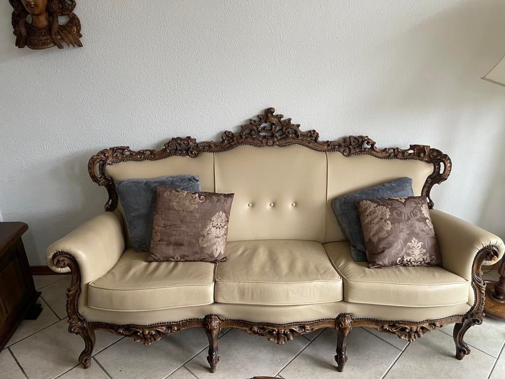 Barok stijl Bankstel,Beige Leer, lodewijk XV, Huis en Inrichting, Ophalen, Gebruikt, 75 tot 100 cm, Leer