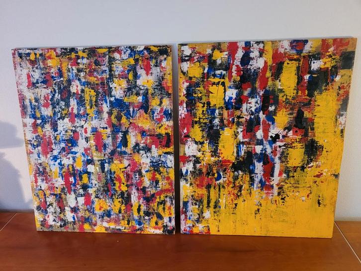 2 abstract schilderij tweeluik primaire kleuren Karl J. rood, Antiek en Kunst, Kunst | Schilderijen | Abstract, Ophalen of Verzenden