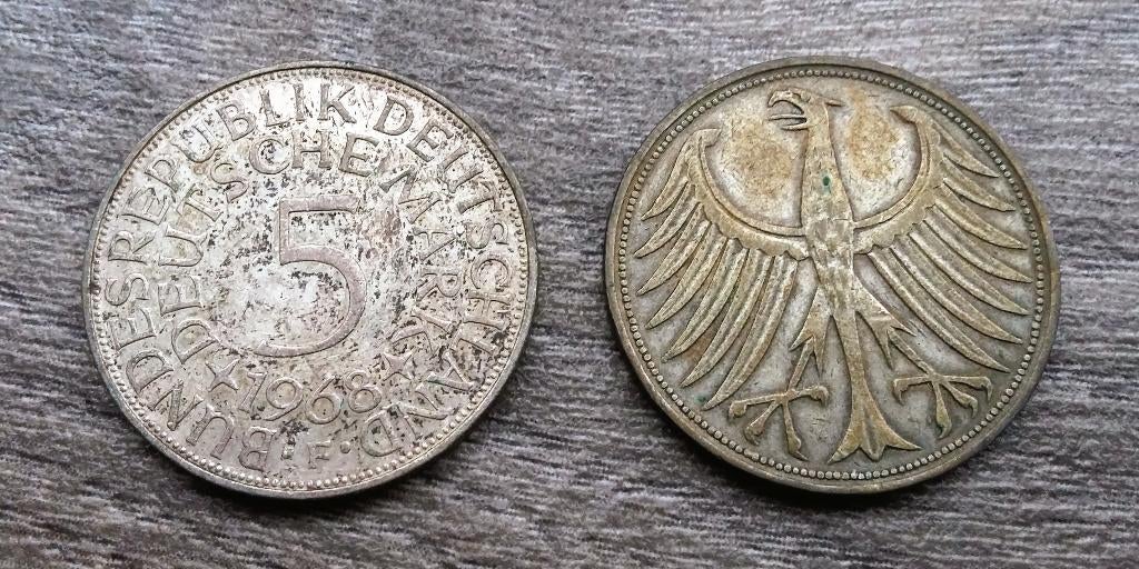 Jaar 1951 en 1968 Zilveren 5 Mark Duitsland Munt Bodemvondst