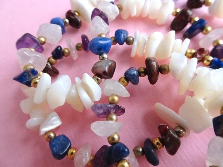 jwg Lange vintage 70s ketting parelmoer amethist lapis goud, Sieraden, Tassen en Uiterlijk, Antieke sieraden, Ketting, Overige materialen