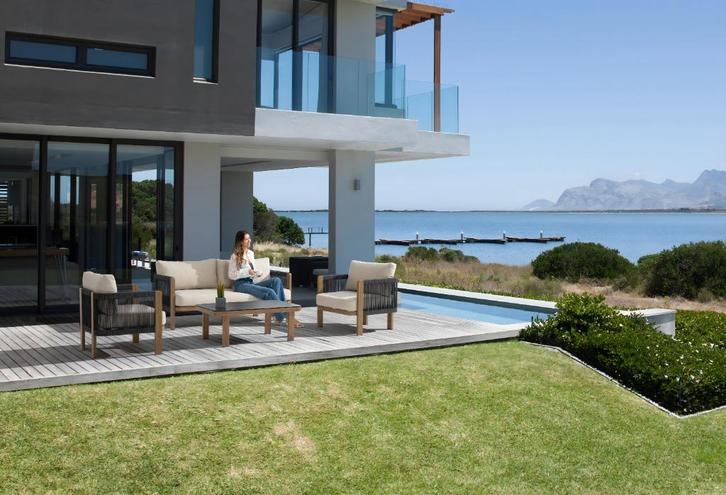 Luxe loungeset 4-delig lichte kussens. Aluminium houtlook, Tuin en Terras, Tuinsets en Loungesets, Nieuw, Loungeset, Aluminium