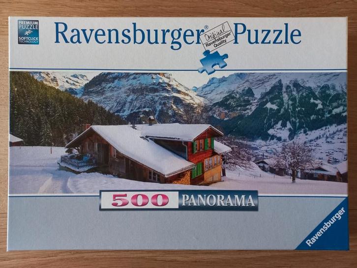 Ravensburger panoramapuzzel 500, Winter in de Alpen, ZGAN!!!, Hobby en Vrije tijd, Denksport en Puzzels, Zo goed als nieuw, 500 t/m 1500 stukjes