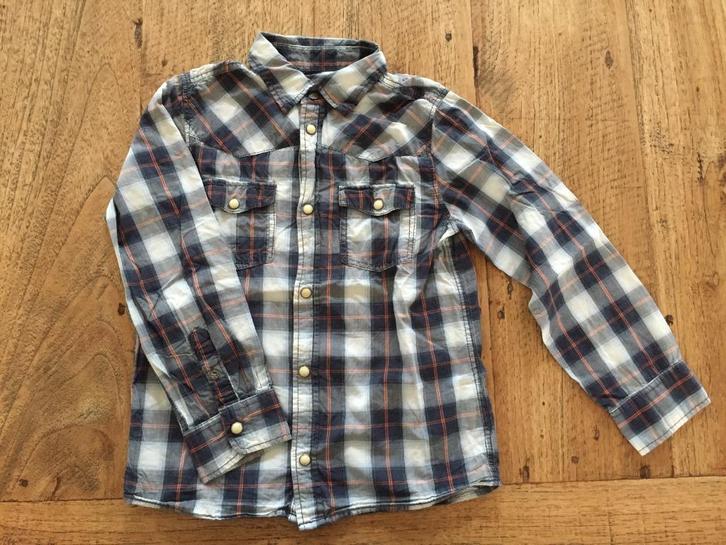 H&M overhemd, maat 128, wit grijs blauw oranje geruit, Kinderen en Baby's, Kinderkleding | Maat 128, Gebruikt, Jongen, Overhemd of Blouse