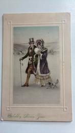 Nieuwjaar. Art de VIENNE.wandelen in sneeuw, bontmof,hondje., Ophalen of Verzenden, Voor 1920, Gelopen, Overige thema's