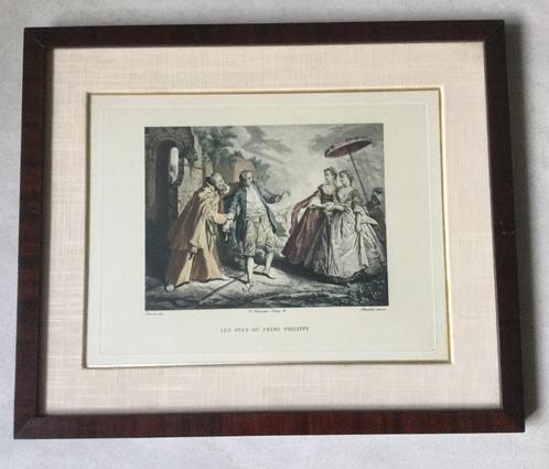 Mooi ingelijste ets  Les Oyes du Frère Philippe door Lancret, Antiek en Kunst, Kunst | Etsen en Gravures, Verzenden