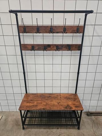 Nieuw Industriële Staande Kapstok met Bankje zwart/bruin beschikbaar voor biedingen